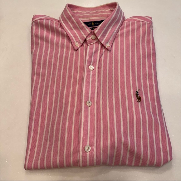 Ralph Lauren Shirt Men’s Knit Oxford Button Down Pink/white Striped Sz Large - Picture 9 of 10